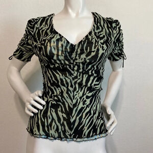 Diane Von Furstenberg Reversible Animal Print Tie Ruched Sleeves Blouse Small